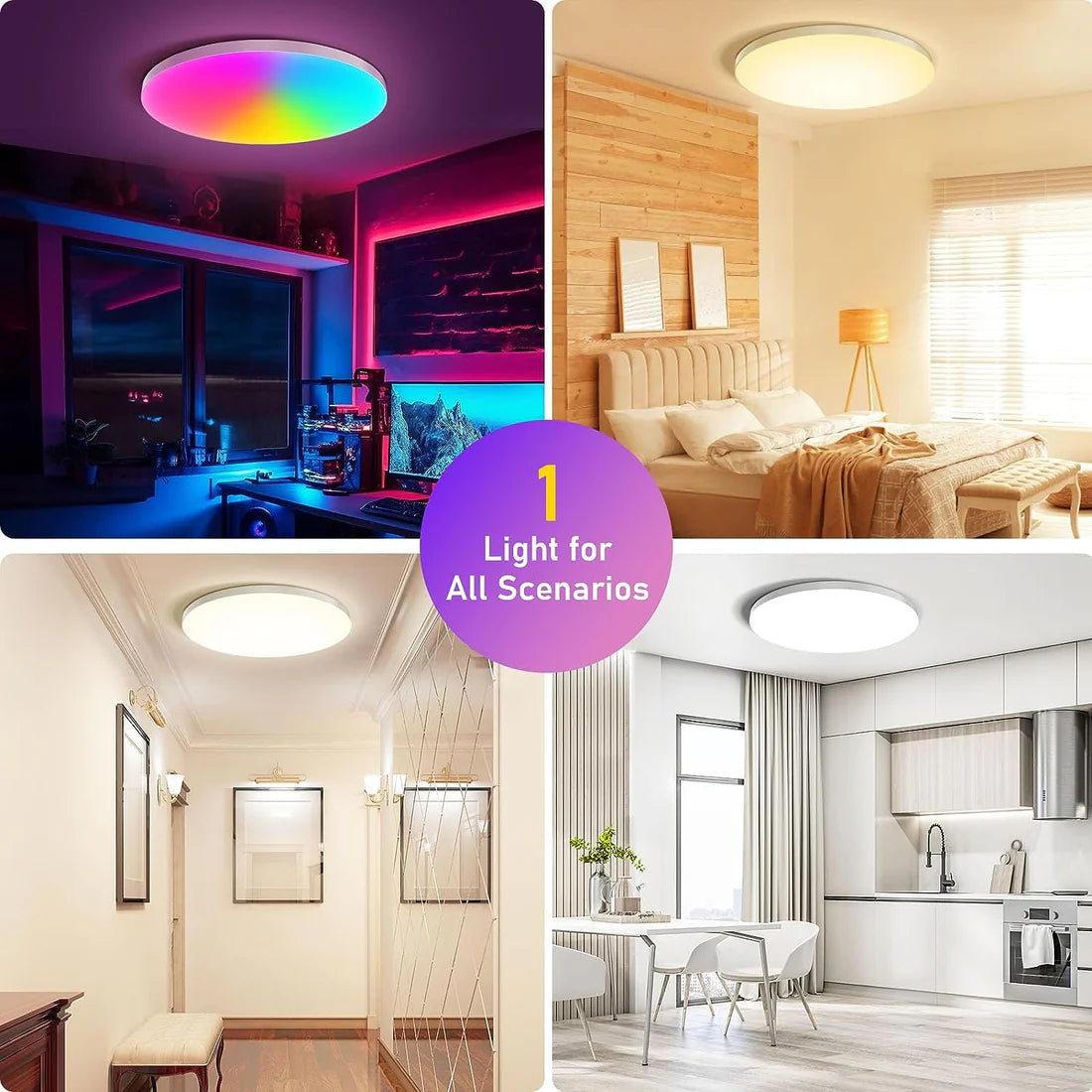 12 Inch 24W White / Black Smart RGBCW Round Slim LED Ceiling Lights – AC 110–130V | RGB Color Changing, 2700K–6500K Adjustable with Dimmable Brightness | Compatible with Alexa/Google Home/APP Control WiFi Light for Bedroom/Kids Room/Party – 2-Pack