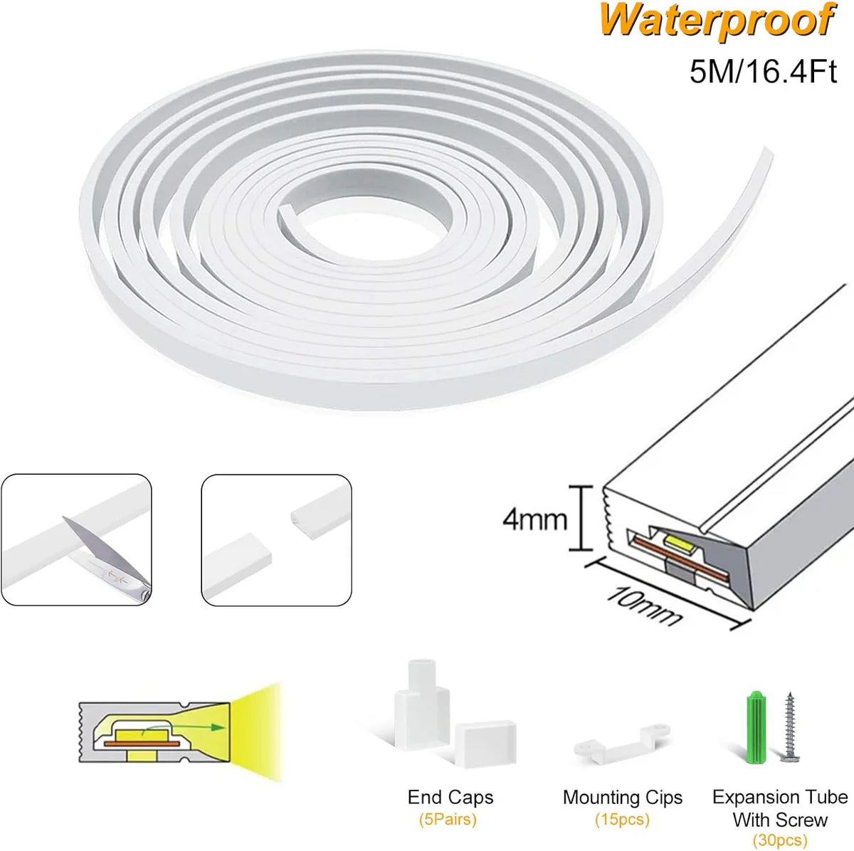 S0410 Side Edge Lighting Neon Light Housing – 4x10mm | Silicone LED Channel System | 5mm PCB Width | IP67 Waterproof | 16.4FT/5M*1/16.4FT/5M*5