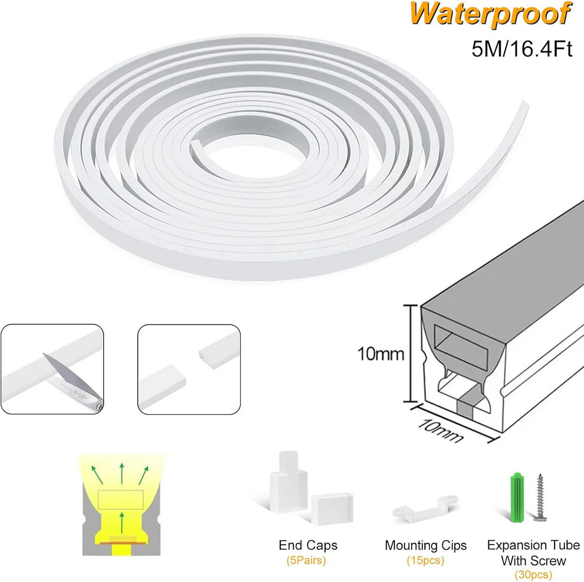 S1010 Black Neon Light Housing – 10x10mm | Silicone LED Channel System | 6mm PCB Width | IP67 Waterproof | 16.4FT/5M*1/16.4FT/5M*5