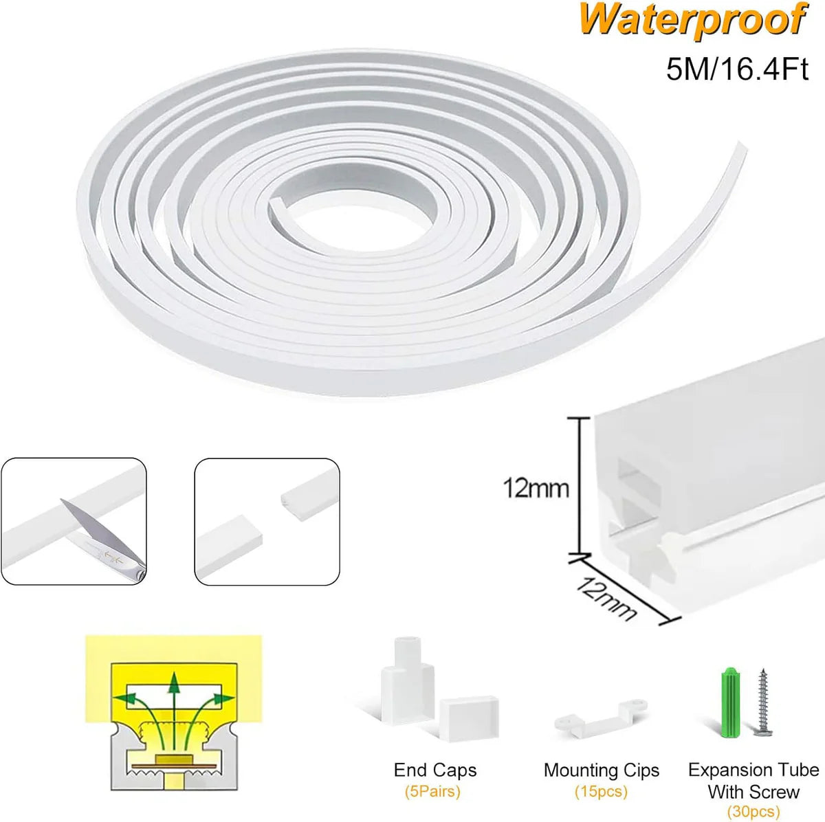 S1212 Neon Light Housing – 12x12mm | Silicone LED Channel System | 8mm PCB Width | IP67 Waterproof | 16.4FT/5M*1/16.4FT/5M*5