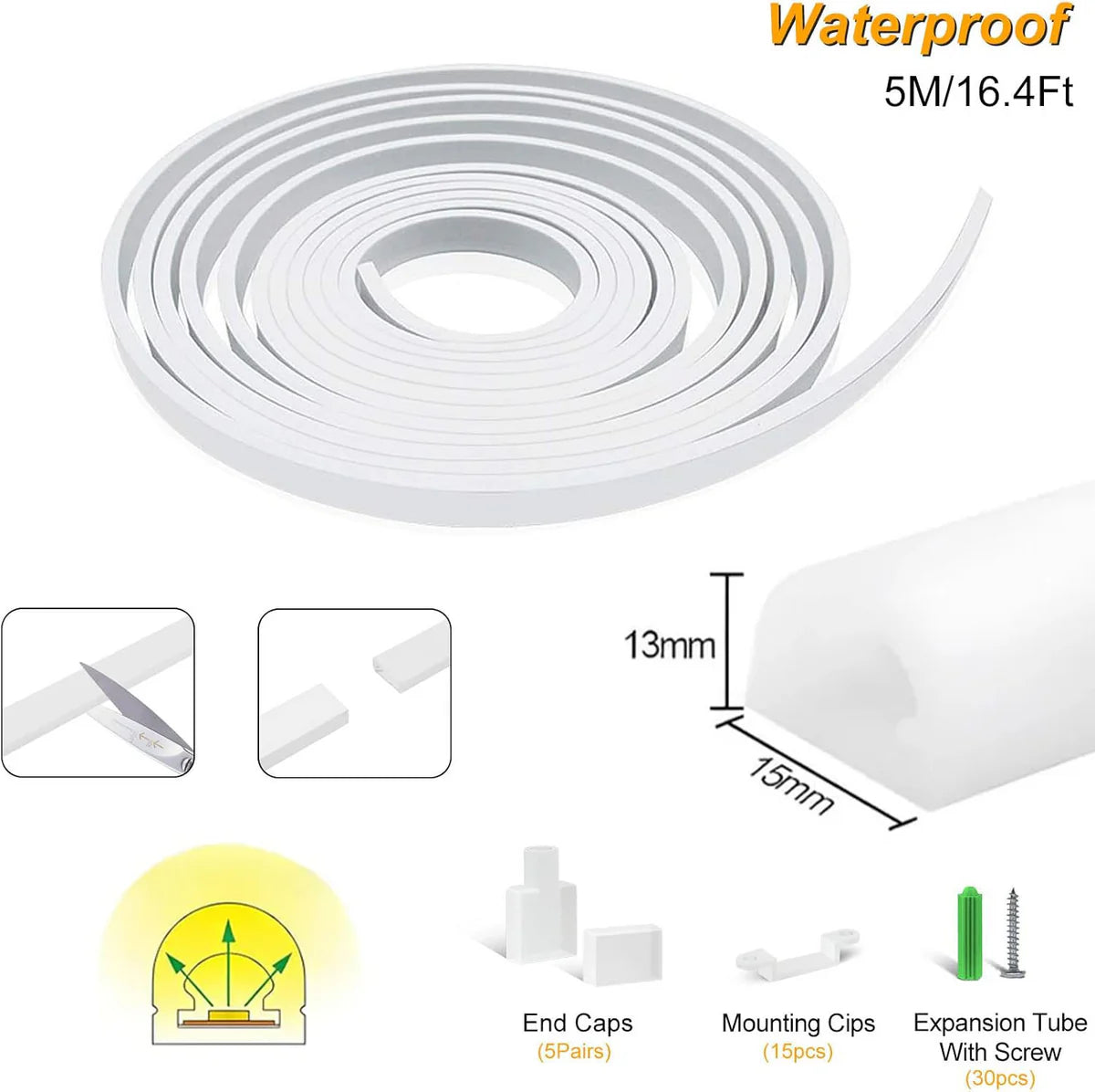 S1315 Neon Light Housing – 13x15mm | Silicone LED Channel System | 10mm PCB Width | IP67 Waterproof | 16.4FT/5M*1/16.4FT/5M*5