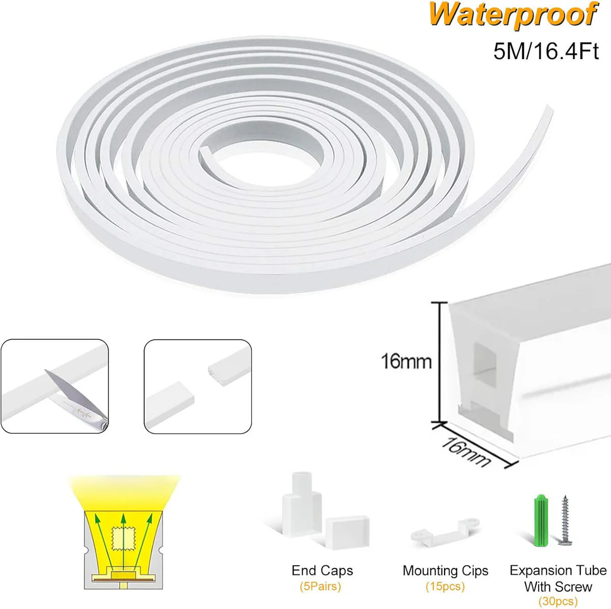 S1616 Neon Light Housing – 16x16mm | Silicone LED Channel System | 12mm PCB Width | IP67 Waterproof |16.4FT/5M*1/16.4FT/5M*5