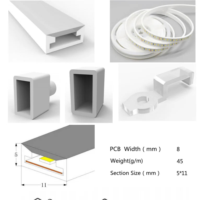 S0511 Neon Light Housing – 5x11mm | Silicone LED Channel System | 8mm PCB Width | IP67 Waterproof | 16.4FT/5M*1/16.4FT/5M*5