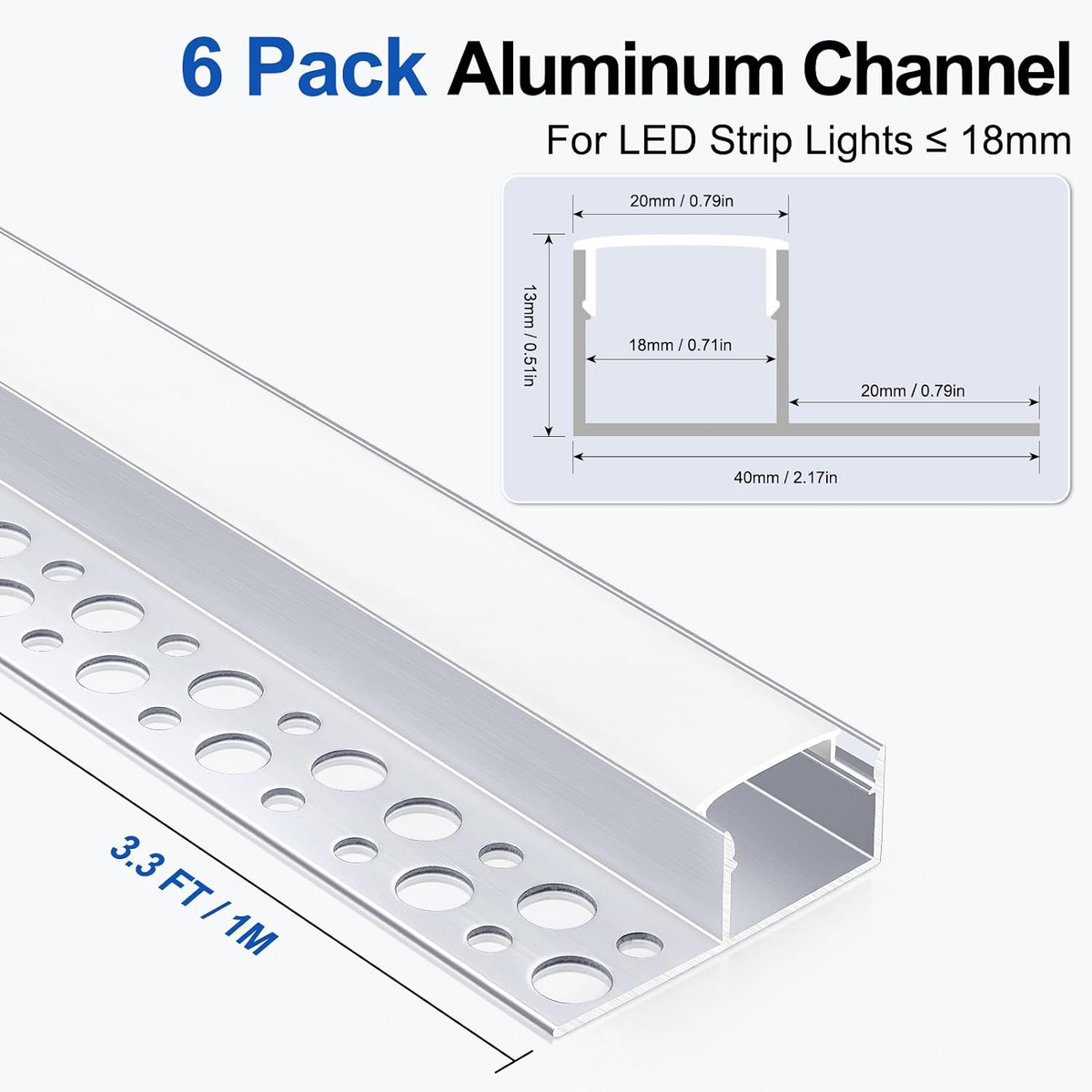 Silver TX-340 One-Sided LED Aluminum Channel for Plaster-In Drywall, Fits LED Strips Up to 12mm Wide, with Milky White Diffuser