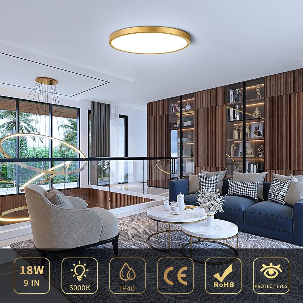 9 Inch 18W White / Gold Round Slim LED Ceiling Lights – AC 110–130V | 3000K / 4500K / 5000K / 6500K | Flush Mount Ceiling Light for Modern Home Lighting | 1-Pack – Local Stock (US)