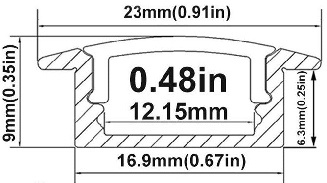 Black U01 9x23mm U-Shape Internal Profile Width 12mm LED Aluminum Channel System with Cover, End Caps and Mounting Clips for LED Strip Light Installations