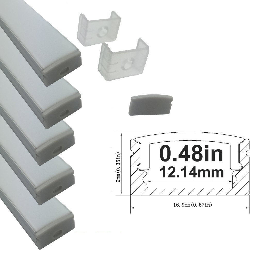 Silver U02 9x17mm U-Shape Internal Profile Width 12mm LED Aluminum Channel System with Cover, End Caps and Mounting Clips for LED Strip Light Installations