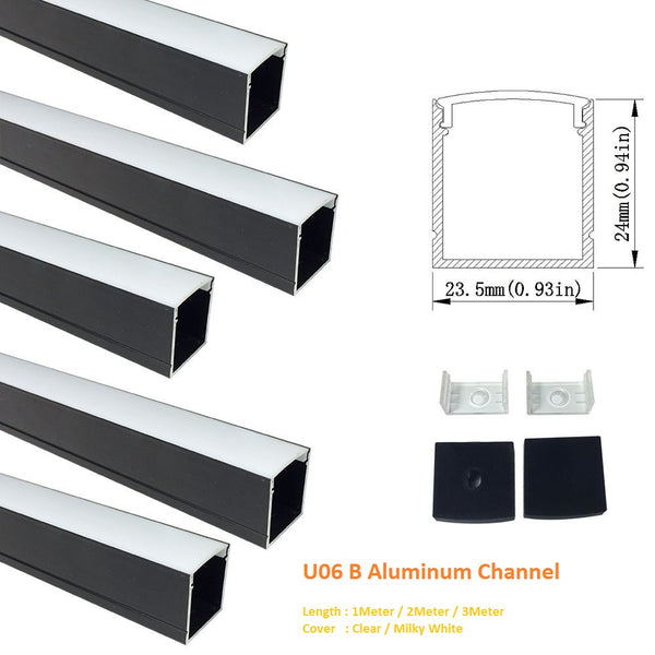 Black U06 24x24mm U Shape LED AluminumBlack Channel Internal width 20mm with White Diffuser Cover, End Caps and Mounting Clips for LED Strip Light Spot Free Installations