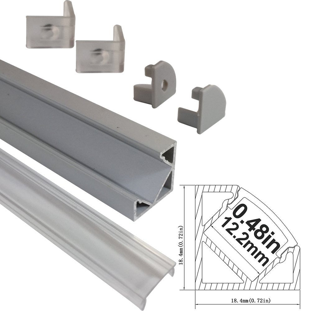 Silver V03 18x18mm V-Shape Internal Width 12mm Corner Mounting LED Aluminum Channel with Clear/Milky White Cover, End Caps and Mounting Clips for Flex/Hard LED Strip Light