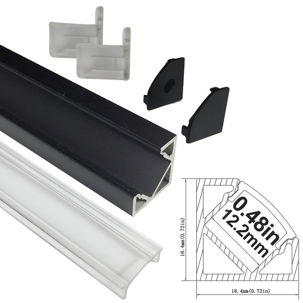 Black V03 18x18mm V-Shape Internal Width 12mm Corner Mounting LED Aluminum Channel with Clear/Milky White Cover, End Caps and Mounting Clips for Flex/Hard LED Strip Light