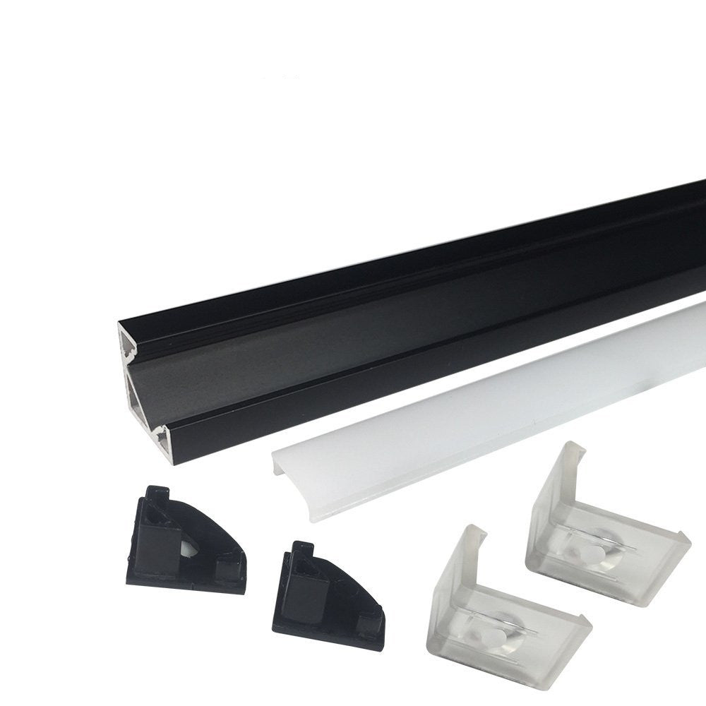 Black V03 18x18mm V-Shape Internal Width 12mm Corner Mounting LED Aluminum Channel with Clear/Milky White Cover, End Caps and Mounting Clips for Flex/Hard LED Strip Light
