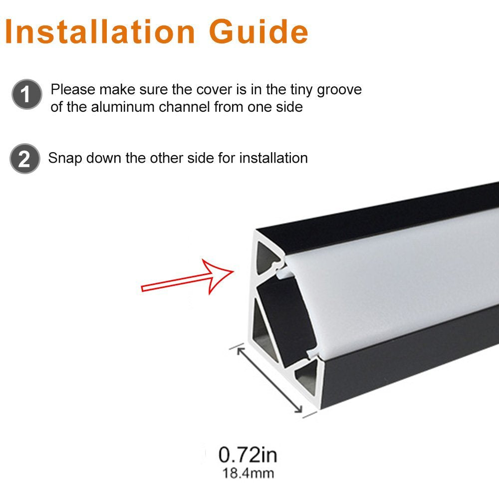 Black V03 18x18mm V-Shape Internal Width 12mm Corner Mounting LED Aluminum Channel with Clear/Milky White Cover, End Caps and Mounting Clips for Flex/Hard LED Strip Light